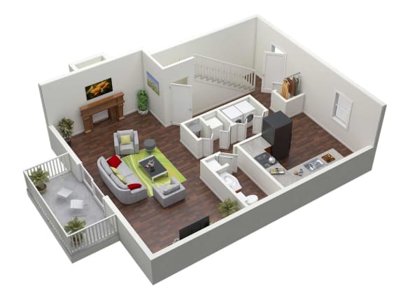 isometric view of a bedroom floor plan with a living room at Stonewater Apartments, Kentucky