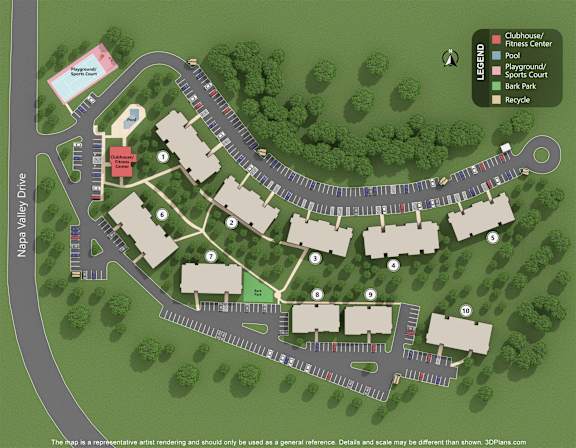 A map of a residential area with a pool, park, and recycling area.