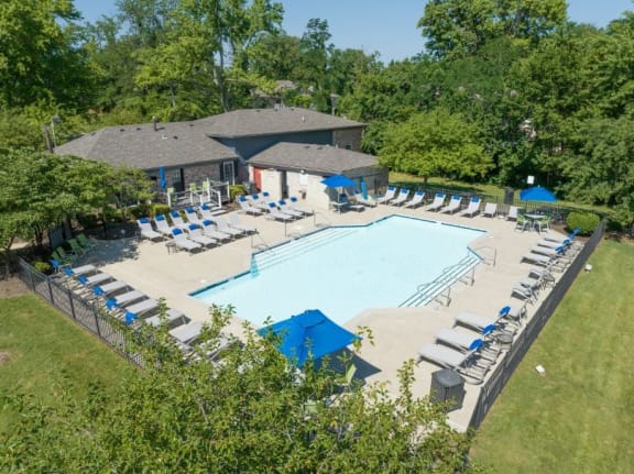 an aerial vityle pool with lounge cew of a resort shairs and umbrellas at at Station JTown, Kentucky, 40299