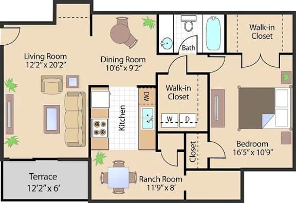 A floor plan of a house with a living room, dining room, kitchen, terrace, bathroom, walk-in closet, and a bedroom.