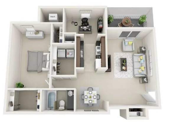 A top-down view of a small apartment with a kitchen, living room, and bedroom.