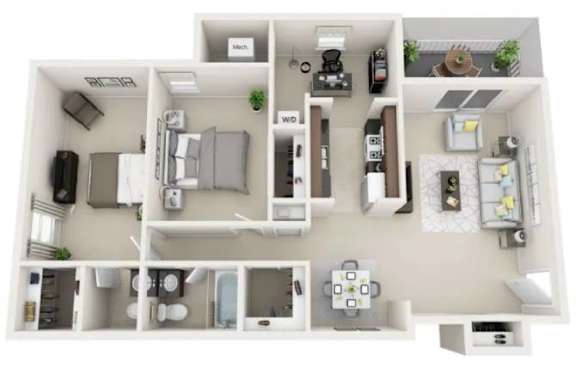 A top-down view of a small apartment layout with labeled rooms.