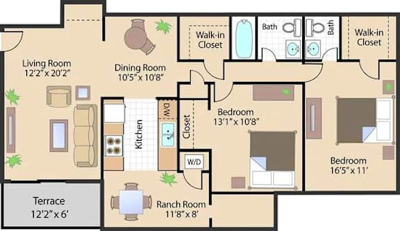 A floor plan of a house with a living room, dining room, kitchen, terrace, two bedrooms, a bathroom, a walk-in closet, and a ranch room.
