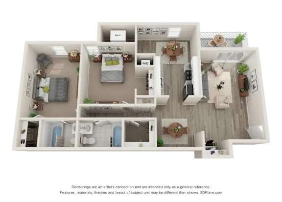 A 3D floor plan of a house with a kitchen, living room, and bathrooms.