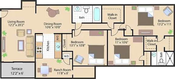 A floor plan of a house with a living room, dining room, kitchen, and multiple bedrooms.