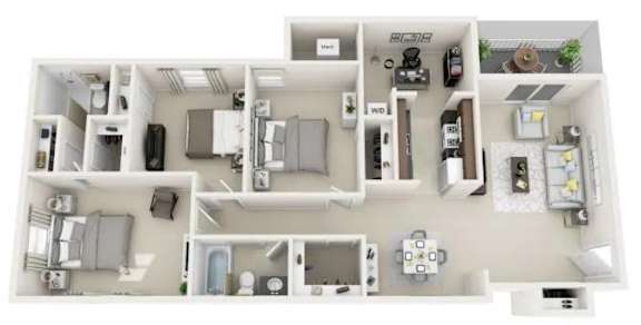 A top-down view of a house layout with a kitchen, living room, and bathroom.