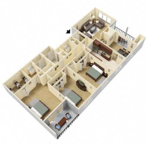 A 3D model of a house with a kitchen, living room, and two bedrooms.