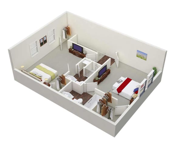 a floor plan of a home with two floors; two bedrooms, 2.5 baths and a living room at Stonewater Apartments, Louisville, KY