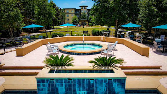 A pool surrounded by a patio and trees.at Elan Apartments, Florida