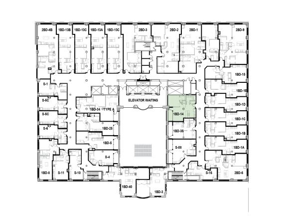 a floor plan of a building with many rooms