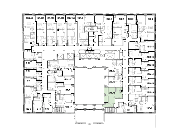 a floor plan of a building with many rooms