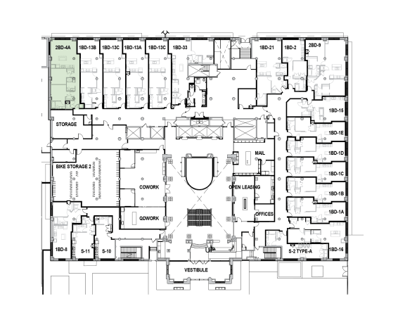 a floor plan of a building with many rooms