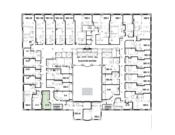 a floor plan of a building with many rooms