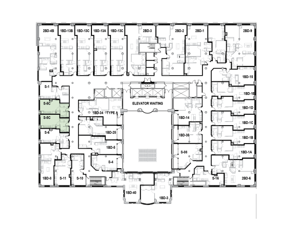 a floor plan of a building with many rooms