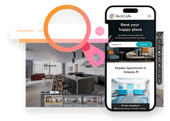 A mobile phone displaying a webpage for RentCafe with a search bar and images of apartments.