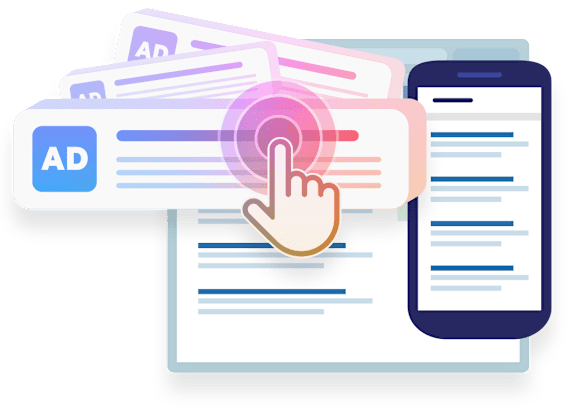 A graphic illustration of a hand clicking on an advertisement on a smartphone screen.