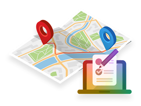 A stylized image of a map with location pins and a checklist.