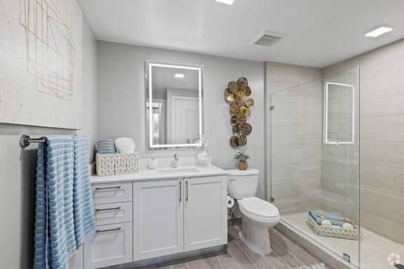 A bathroom with a white toilet, a sink with a mirror above it, and a shower area with a glass door.