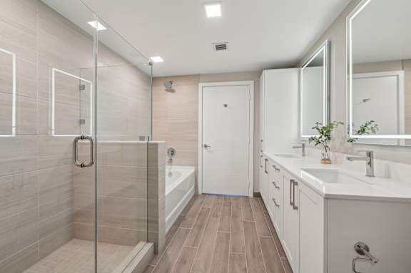 A modern bathroom with a walk-in shower and double sinks.