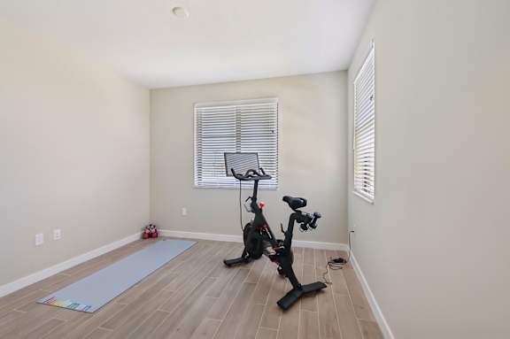 A room with a stationary bike and a yoga mat.