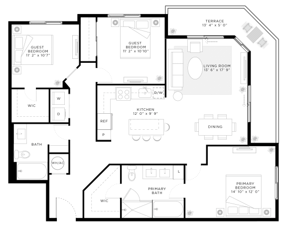 Floor Plan  3 Bedroom 2 Bath 1,369 Sq.Ft. C1 Floor Plan at Mayla Pompano, Pompano Beach, Florida