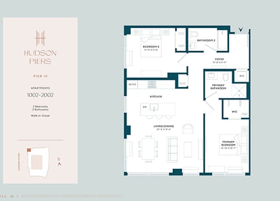 A floor plan for Hudson Piers apartments shows two bedrooms and two bathrooms per apartment.