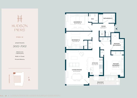 A floor plan and description of apartment number 3002 at Hudson Piers.