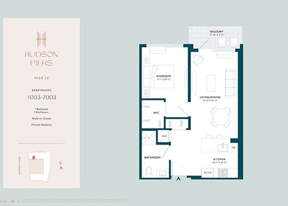 A floor plan for a Hudson Piers apartment shows a living room, dining room, kitchen, and two bathrooms.