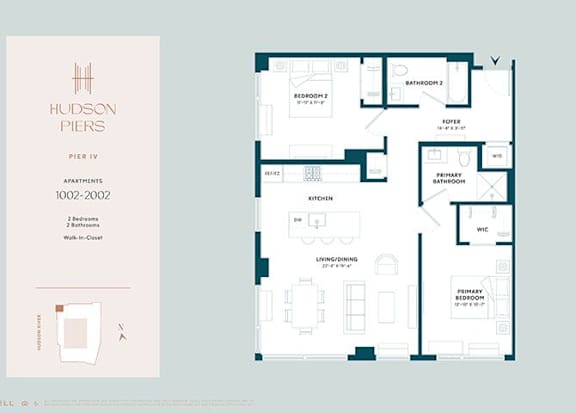 A floor plan for a Hudson Piers apartment shows two bedrooms, a living room, a kitchen, and a bathroom.