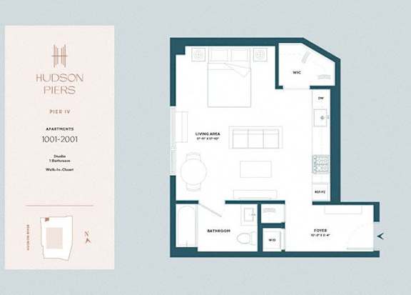 A floor plan for a Hudson Piers apartment shows a living area, a bedroom, a bathroom, and a foyer.