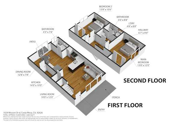 A diagram of a two-story home with labeled rooms and dimensions.