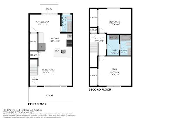 A floor plan of a two-story home with a garage and a second floor with two bedrooms.