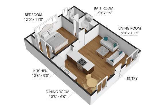 1 Bed 1 Bath Floor Plan at Torrance Gateway Apartments, Torrance