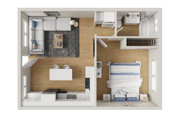 A top-down view of a modern bedroom with a bed, nightstand, and a couch.
