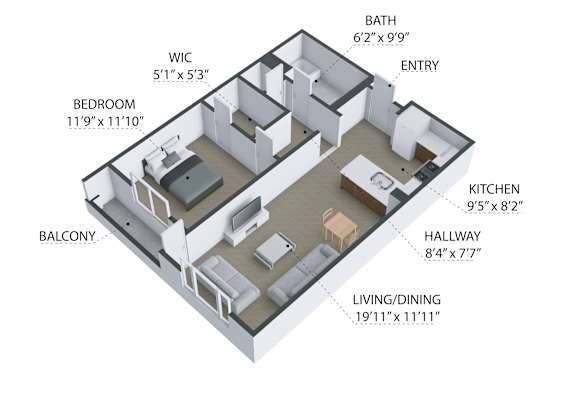 1 Bedroom 1 Bath Floor Plan at The Reserve La Mirada, La Mirada, California