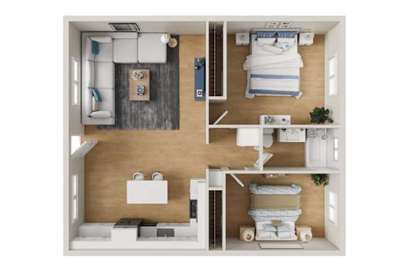 A dollhouse with a bedroom and living room.