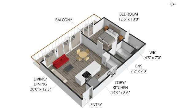 A diagram of a house layout with a living room, dining room, kitchen, bedroom, and balcony.