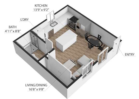 A 3D diagram of a small apartment layout with a kitchen, bathroom, and living/dining area.