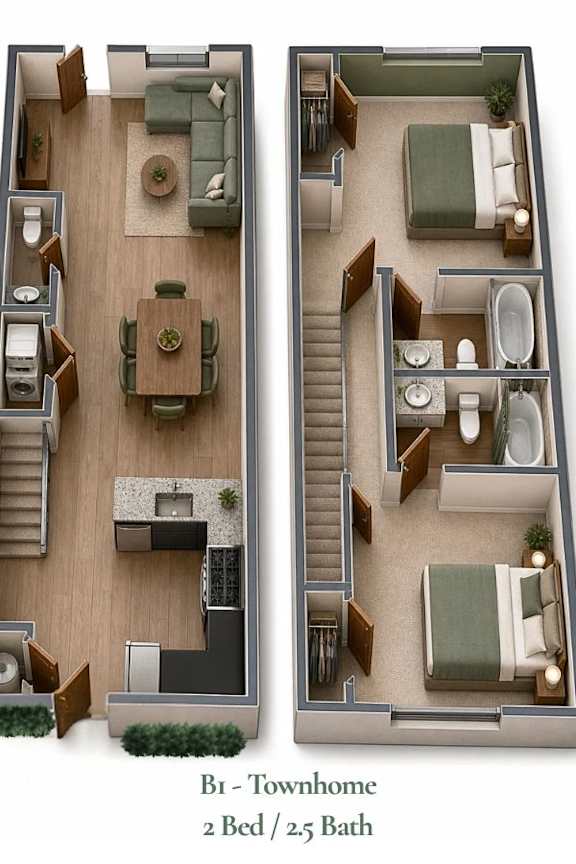 A floor plan of a two bedroom townhome with two bathrooms.