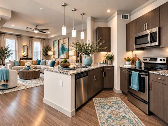 A modern kitchen with a large island and stainless steel appliances.