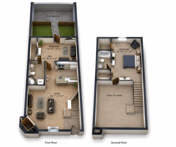 A diagram shows the layout of a two-story apartment with two bedrooms, a living room, a den, a kitchen, and a garage.