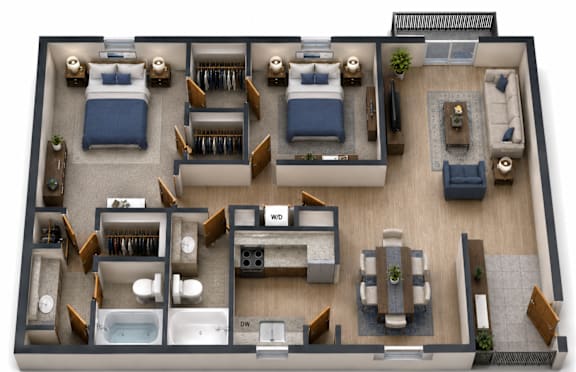 A top-down view of a house layout with two bedrooms, two bathrooms, a living room, a dining room, a kitchen, and a garage.