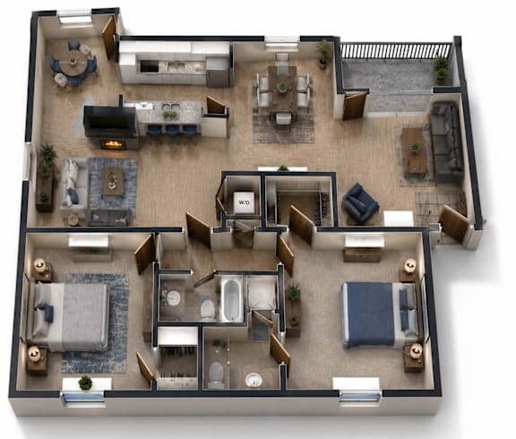 A top-down view of a house layout with a living room, kitchen, dining area, and multiple bedrooms.