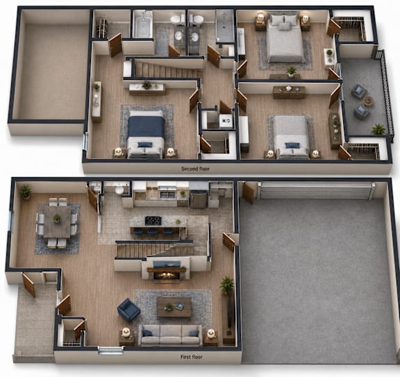 A top-down view of a two-story house layout with labeled first and second floors.
