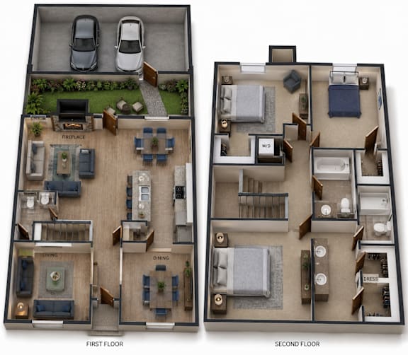 A floor plan of a two-story apartment with a garage on the first floor and a living area on the second floor.