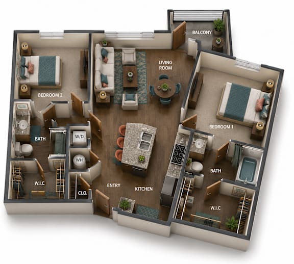 A 3D rendered image of a house layout with two bedrooms, a living room, a bathroom, a kitchen, and a balcony.