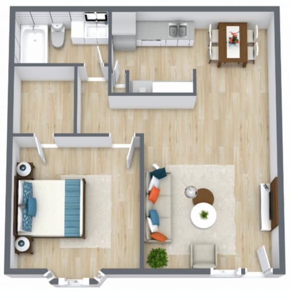 a stylized 1 bedroom floor plan with a living room and a dining room