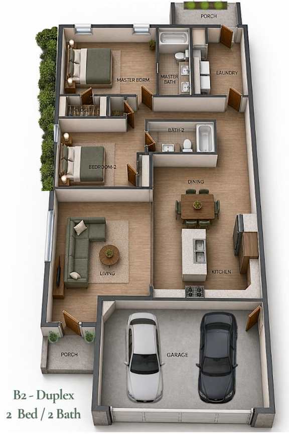 A floor plan of a B2 Duplex apartment with two bedrooms and two bathrooms.