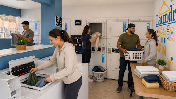 Onsite laundry center with stacked dryers and washers at Las Lomas Apartments, El Paso, TX 79912