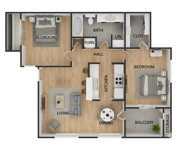 Floor Plan  A floor plan of a house with a living room, dining room, kitchen, two bedrooms, a bathroom, a hallway, and a storage area.